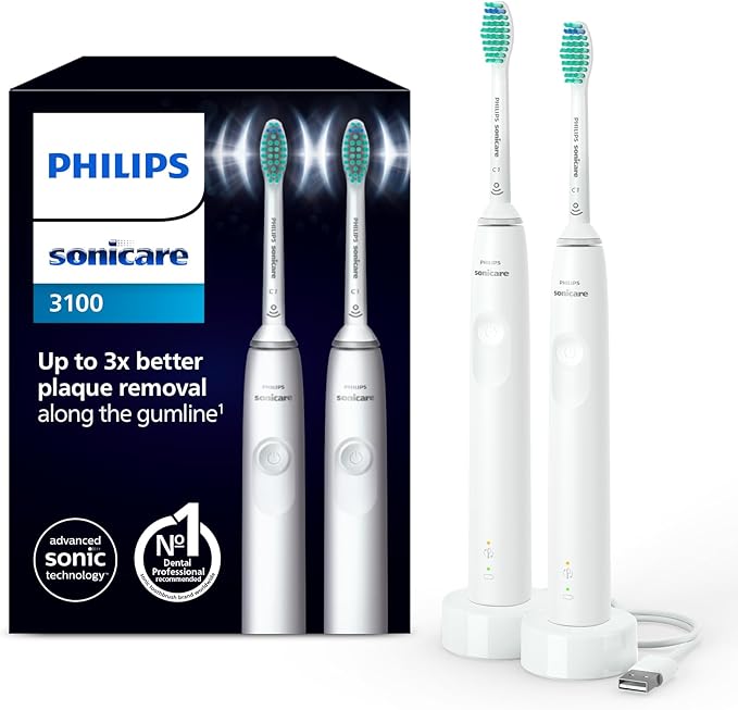 Philips Sonicare 3100, electric toothbrush, sonic toothbrush, pressure sensor and timer, white, double pack, model HX3675/13