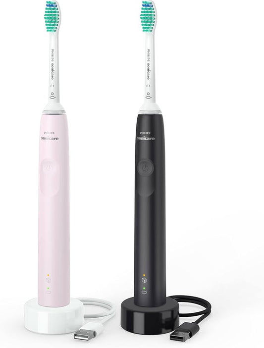 Philips Sonicare 3100 Electric Toothbrush, Sonic Toothbrush, Pressure Sensor and Timer, Bubblegum Pink and Black, Twin Pack, HX3675/15